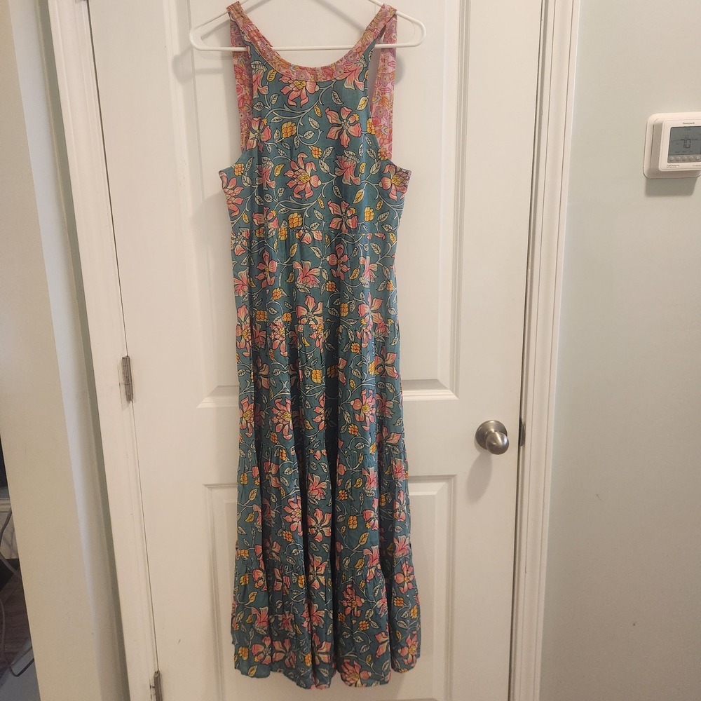 Natural Life Womens Teal Pink Floral Tiered Rayon Maxi Dress Back Tie Size S